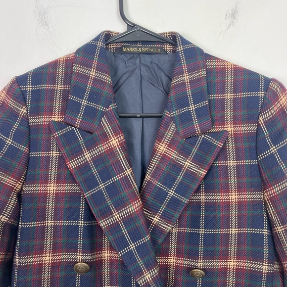 Vintage Marks & Spencer Navy Plaid Double Breasted Wool Jacket Sz 6P - Picture 3 of 13
